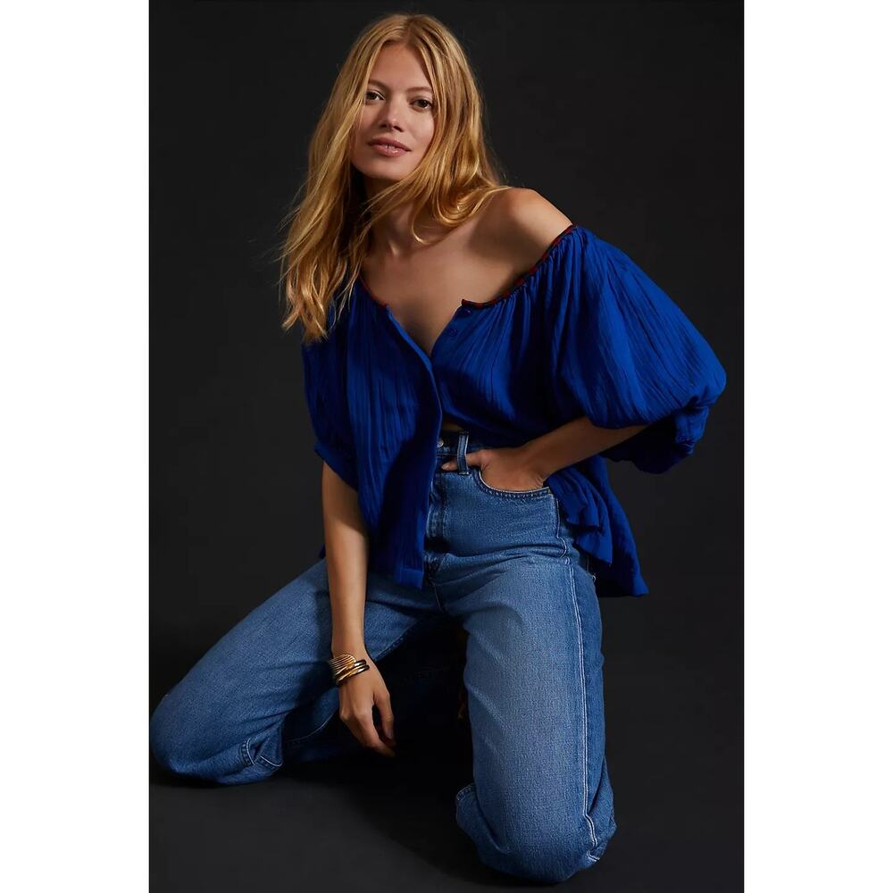 New Anthropologie Sundry Embroidered Blouse $198 SMALL (1) Klein Blue